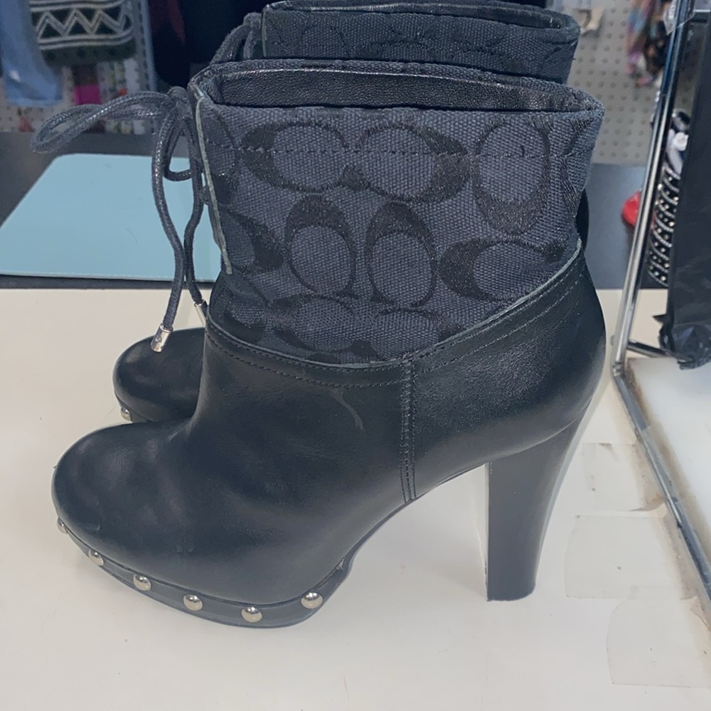 Coach Edna Black Leather Textile Lace Up Stilletto Boots 6.5B - Picture 3 of 4